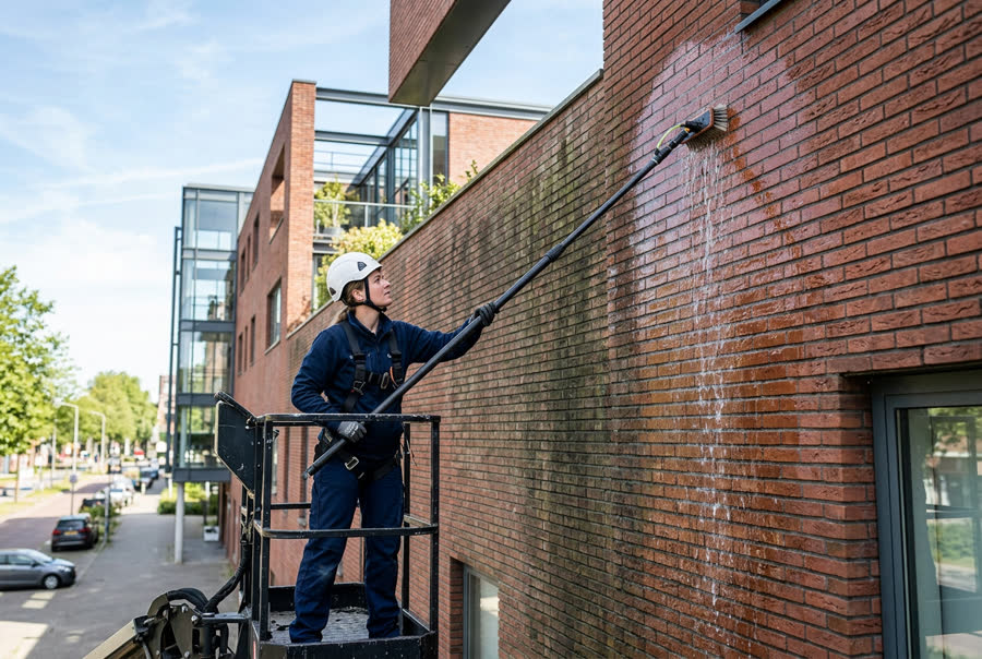 Gevelreiniging van een bakstenen bedrijfspand met telescoopborstel