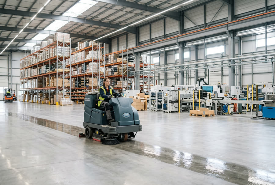 Schrobmachine op de vloer van een productiehal