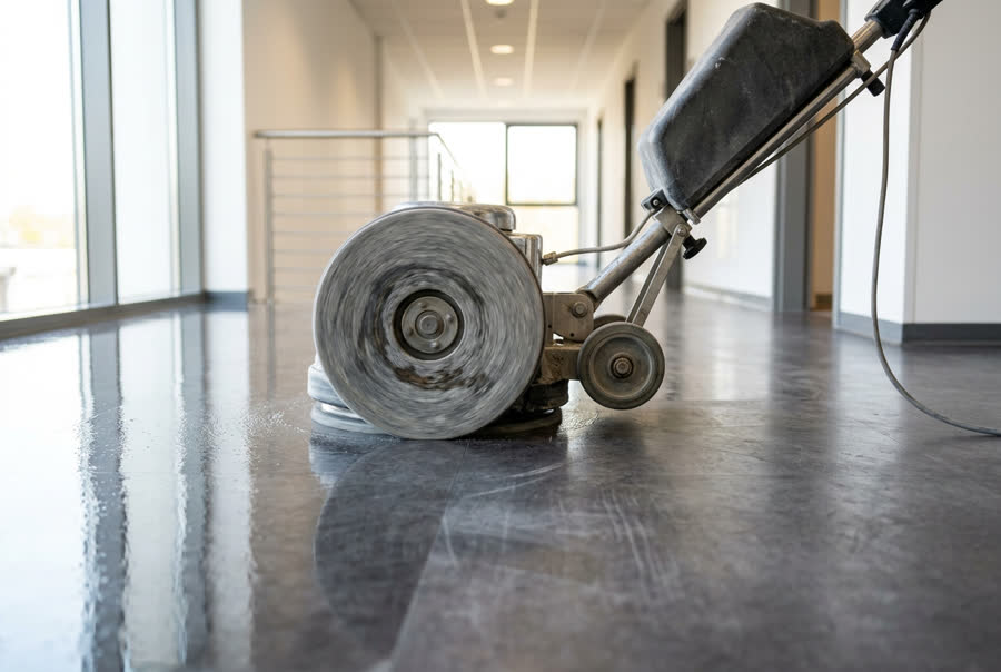 Vloermachine die een gang glanzend maakt, verschil tussen behandeld en onbehandeld